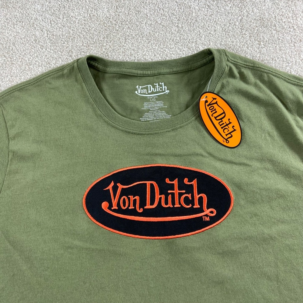 Von Dutch T-Shirt Mens Large Green Short Sleeve Logo Patch Graphic Tee